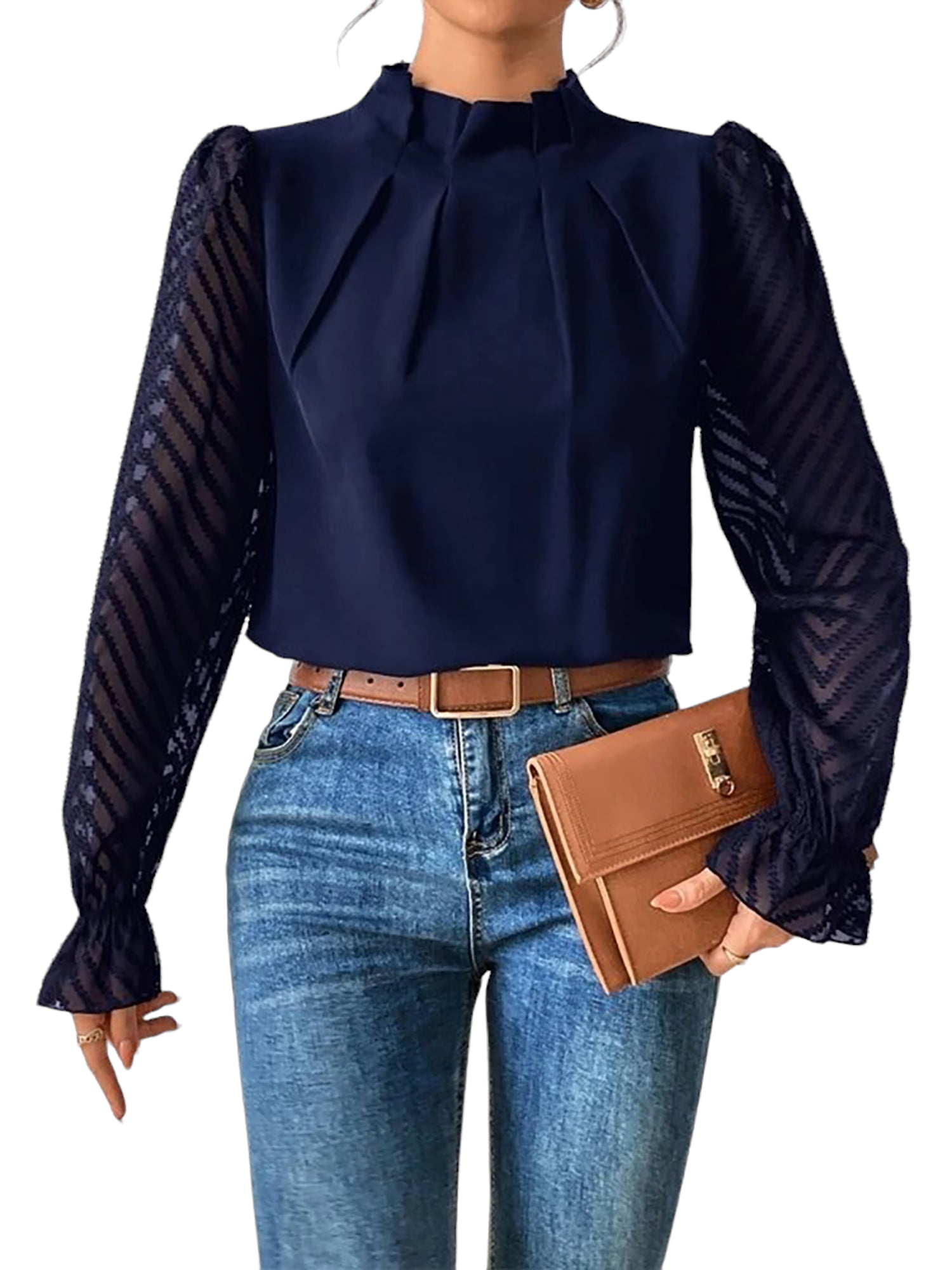 Gvmfive Womens Elegant Long Sleeve Blouse Casual Pleated Chiffon Shirt ...