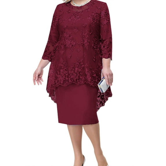 Gvmfive Womens Plus Size Dresses 3/4 Sleeve Lace Asymmetrical Dress+Solid Midi Dress 2 Piece Dress Set
