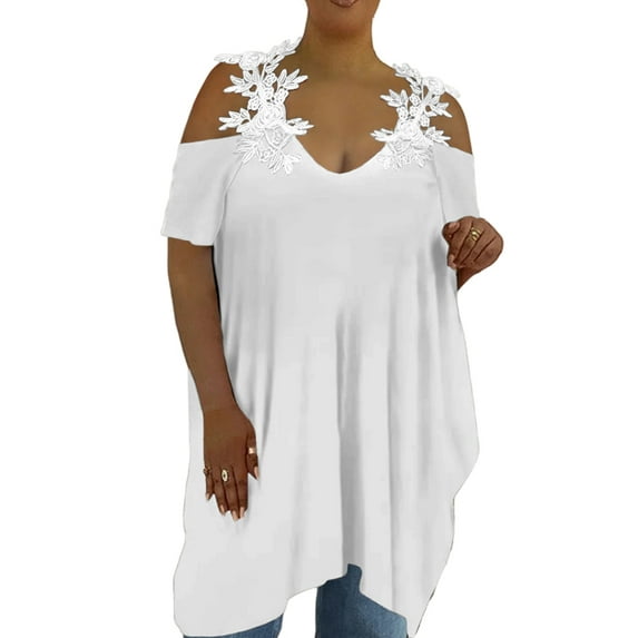 Gvmfive Womens Plus Size Lace V-Neck Short Sleeve Irregular Tops Shirt