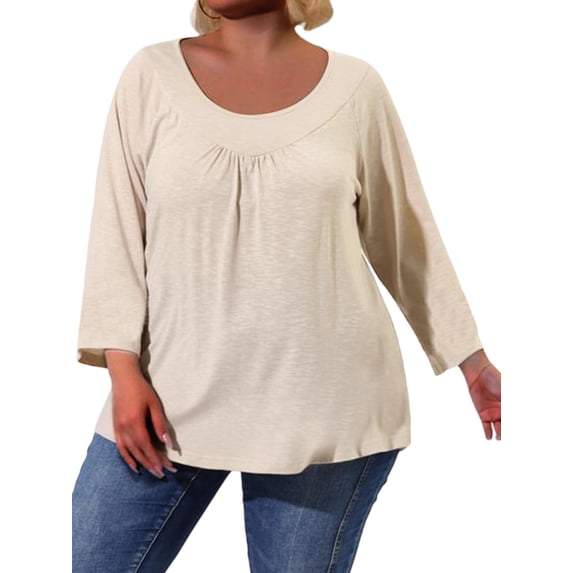 Gvmfive Womens Plus Size S-5XL Casual Long Sleeve Pleated Rounc Neck Tunic Tops Flowy Blouse