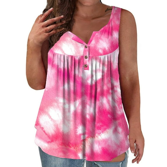 Gvmfive Womens Plus Size Sleeveless Button Down Henley Pleated Tunic Tank Tops
