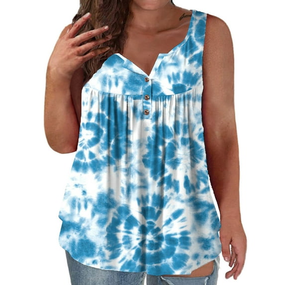 Gvmfive Womens Plus Size Sleeveless Button Down Henley Pleated Tunic Tank Tops