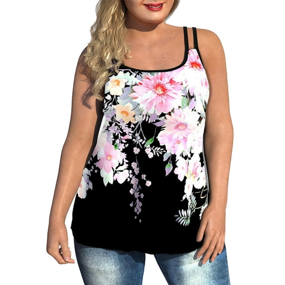 Gvmfive Womens Sleeveless Floral Print Casual Loose Plus Size Tank Tops