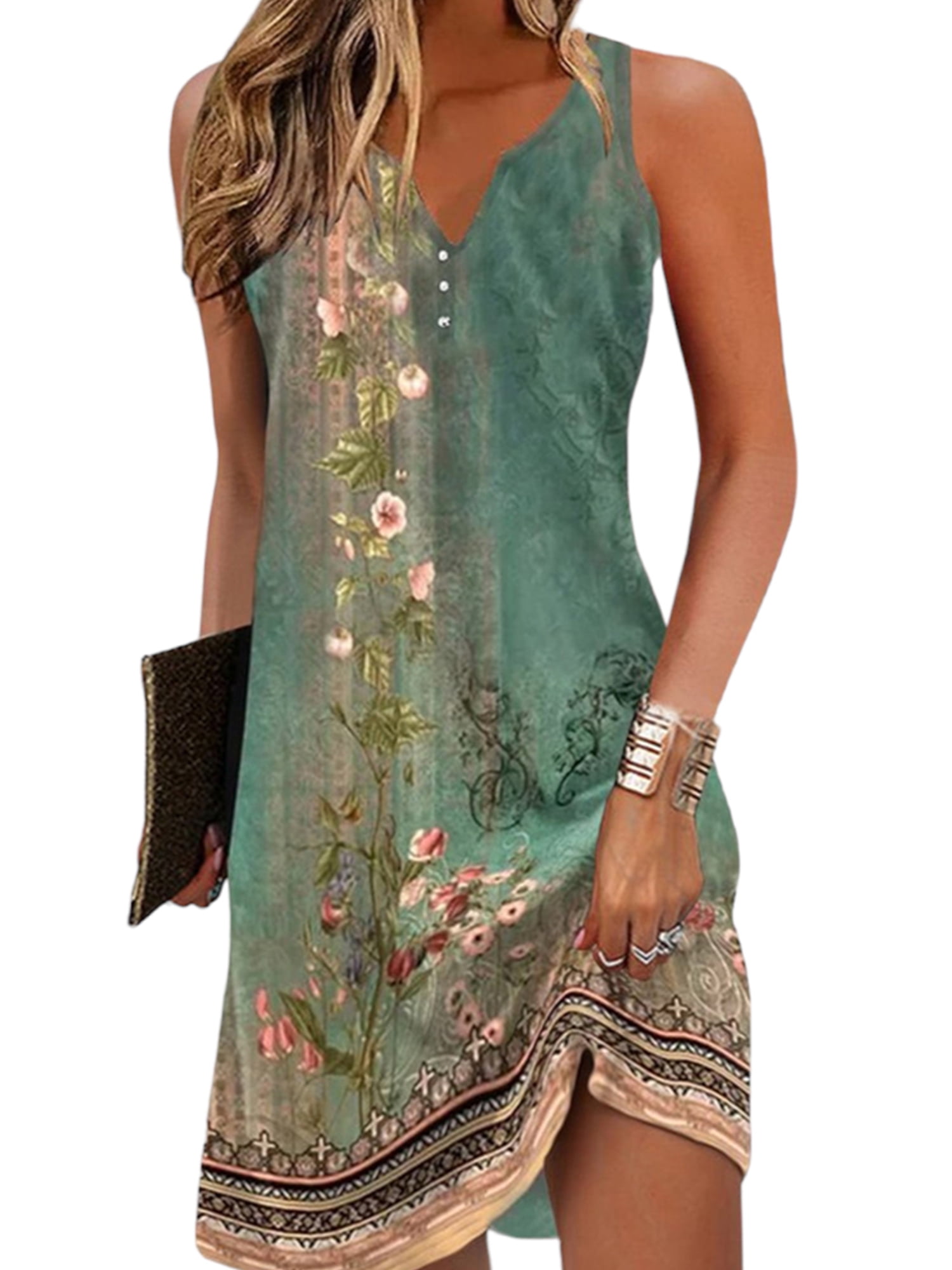 Gvmfive Womens Summer Dress Boho Floral Print V-Neck Sleeveless Tank Dress