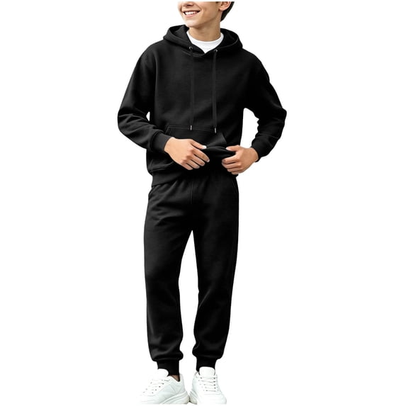 Gvtxlev Boys Tracksuits 2026 Long Sleeve Fleece Hoodies with Kangaroo Pocket Casual 2 Piece Jogger Set Solid Color Sizes 2-14 Years