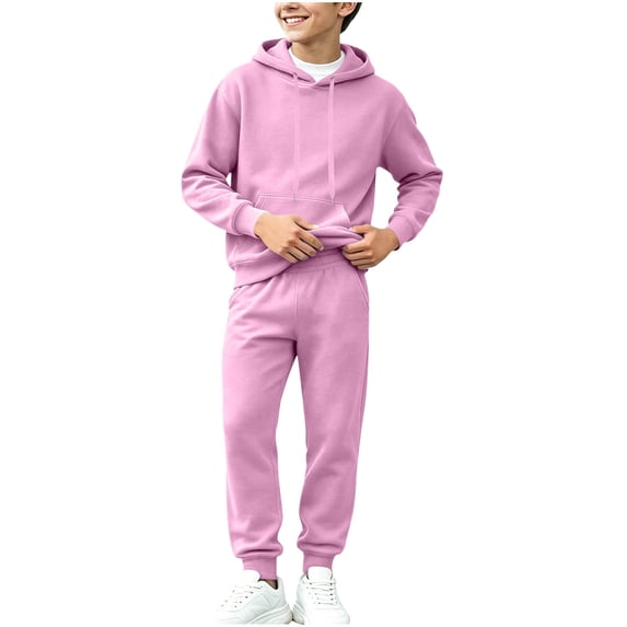 Gvtxlev Boys Tracksuits 2026 Long Sleeve Fleece Hoodies with Kangaroo Pocket Casual 2 Piece Jogger Set Solid Color Sizes 2-14 Years