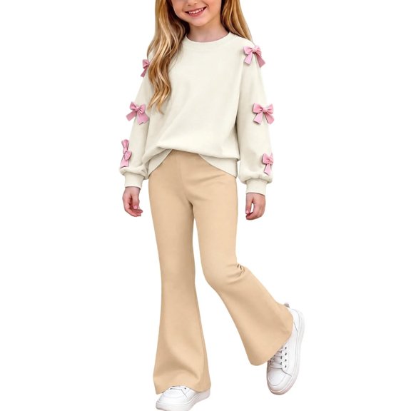 Gvtxlev Girls 2 Piece Outfits Bow Decor Graphic Crew Neck Sweatshirt And Flare Pants Cute Fall Kids Matching Tracksuit for 5-15 Years