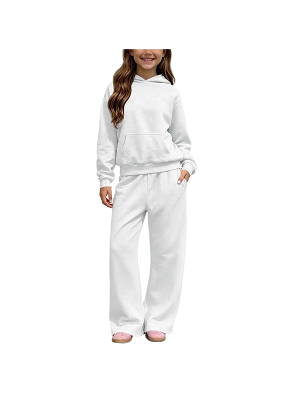 Girls Sweatpants Set Fleece Lined Pocketed Hoodies with Wide Leg Long Trousers Solid Color 2 Piece Outfits Casual Active Wear,5-14Y