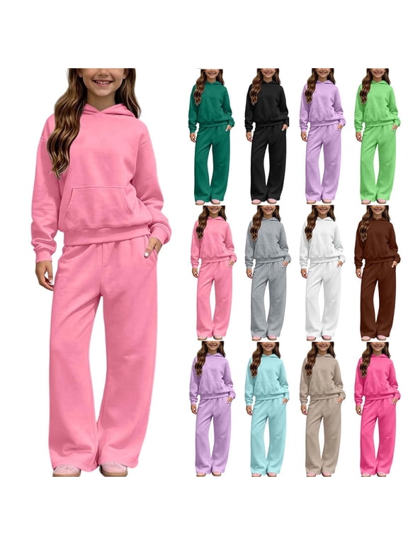 Girls Sweatpants Set Fleece Lined Pocketed Hoodies with Wide Leg Long Trousers Solid Color 2 Piece Outfits Casual Active Wear,5-14Y