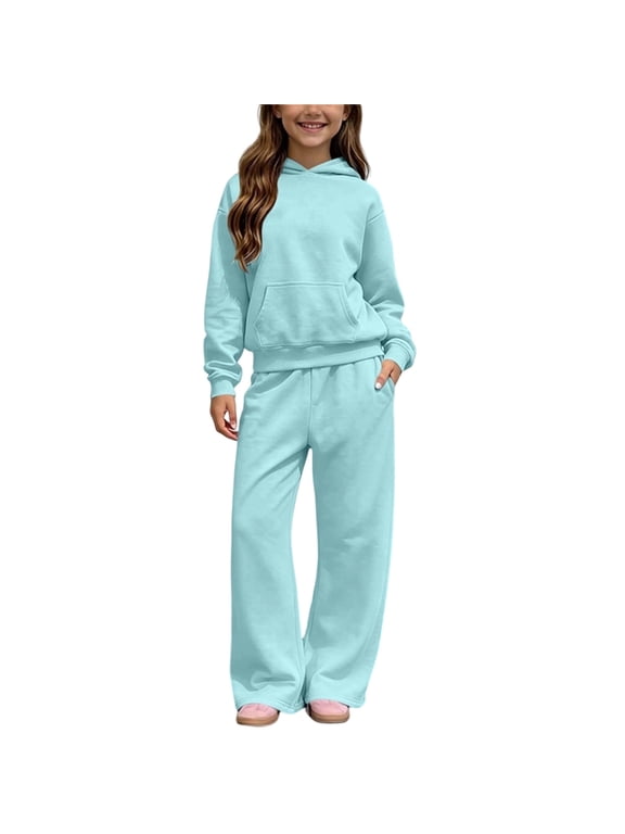 Girls Sweatpants Set Fleece Lined Pocketed Hoodies with Wide Leg Long Trousers Solid Color 2 Piece Outfits Casual Active Wear,5-14Y