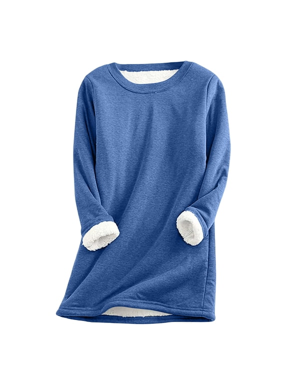 Women's Fleece Sherpa Lined Tops Mid Length Loose Casual Thermal Shirts Long Sleeve 2026 Fall Winter Fuzzy Basic Pullover Blouses