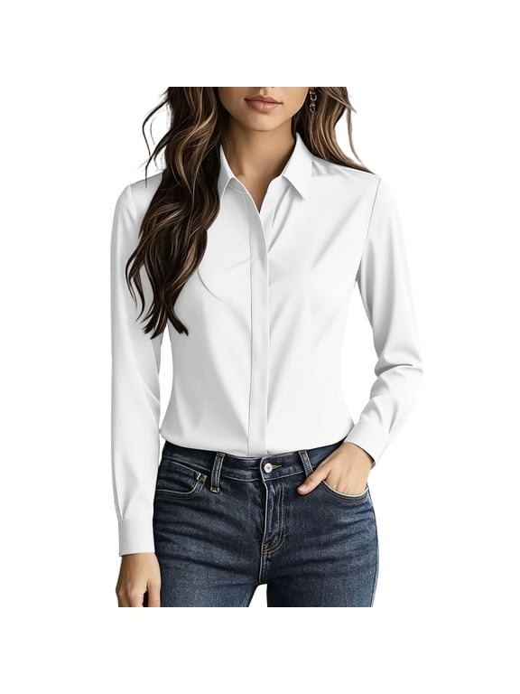 Womens Dress Shirt Hidden Button Down Regular Fit Collared Tops 2026 Trendy Solid Color Office Business Casual Outfits