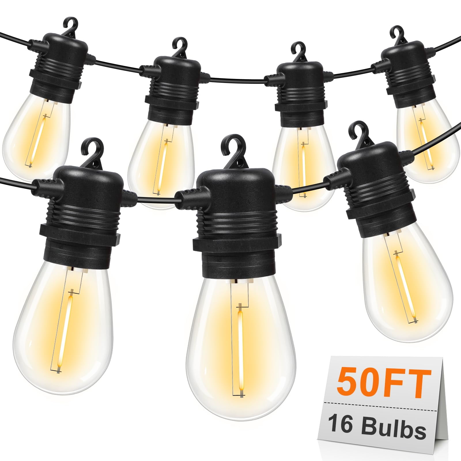 50FT Warm White LED Outdoor String Lights with Shatterproof Bulbs