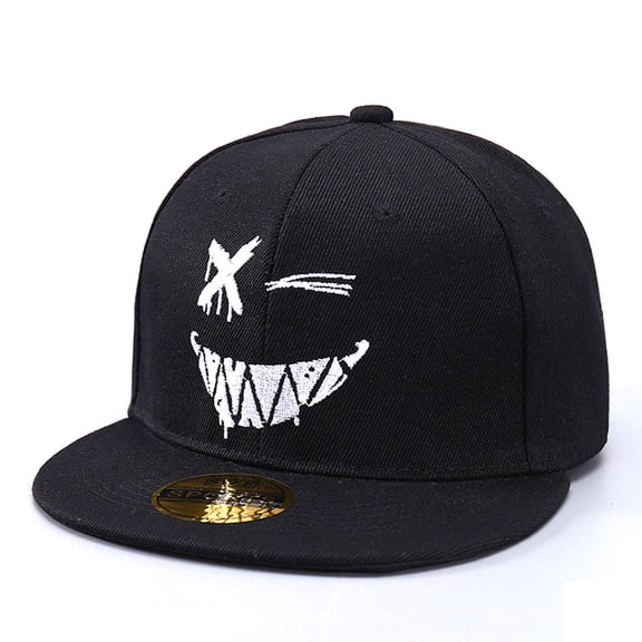 GwainShiang Skull Grin Smile Embroidery Hip Hop Flat Brim Baseball Cap Streetwear Adjustable Snapback Polyester Casual Hat, Black, One Size