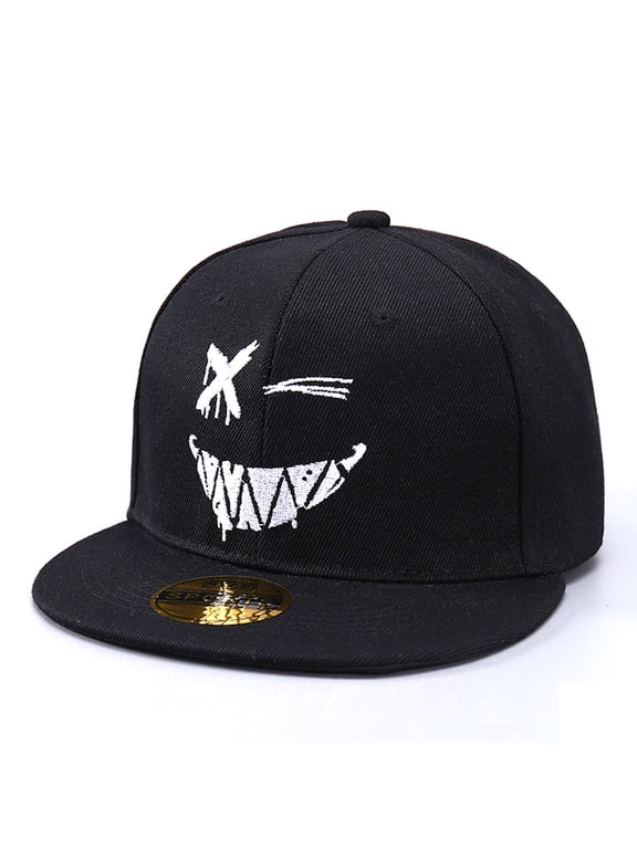 Skull Grin Smile Embroidery Hip Hop Flat Brim Baseball Cap Streetwear Adjustable Snapback Polyester Casual Hat, Black, One Size
