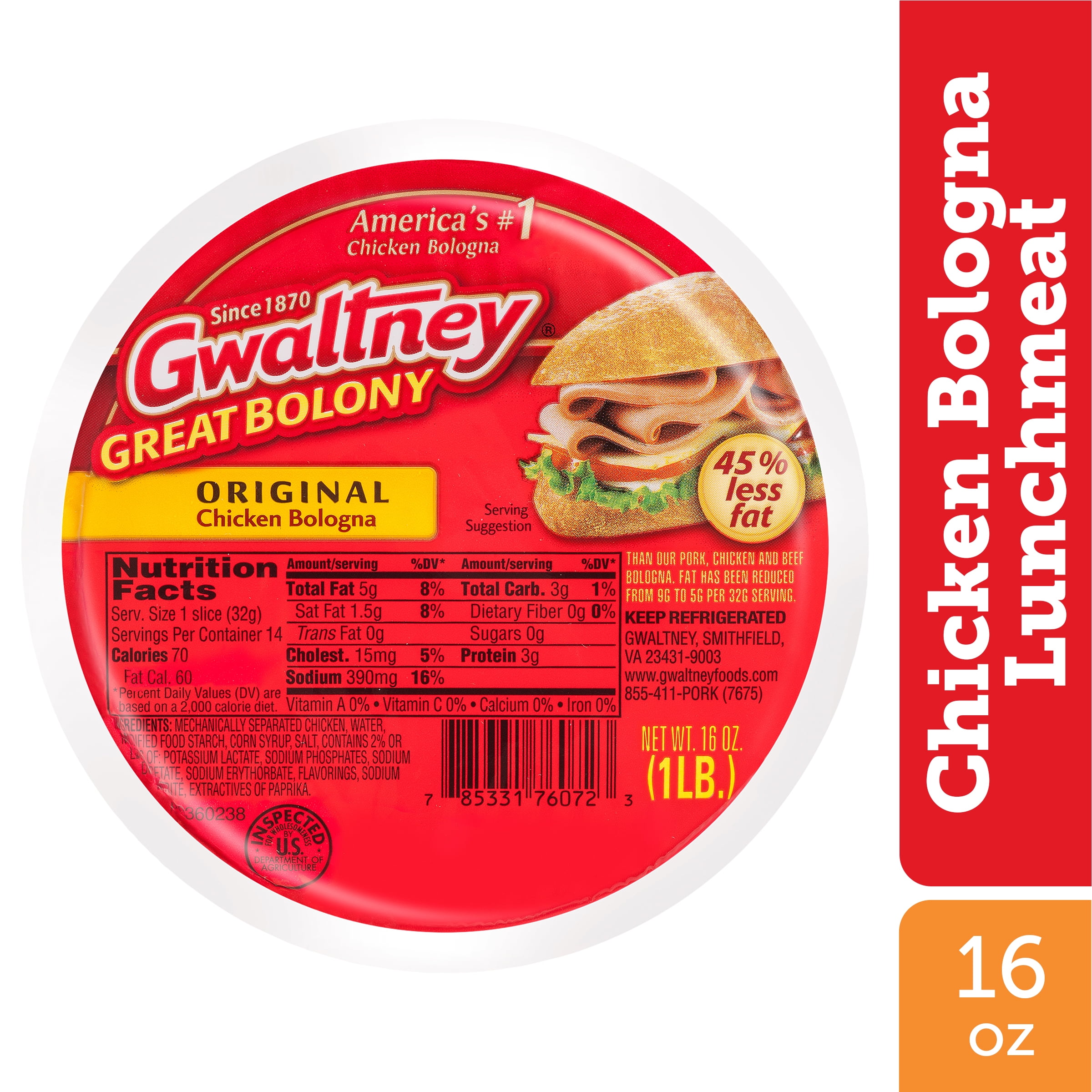 Gwaltney Original Chicken Bologna Lunchmeat, Great Bolony since 1870, Bag 16 oz, Keep Refrigerated