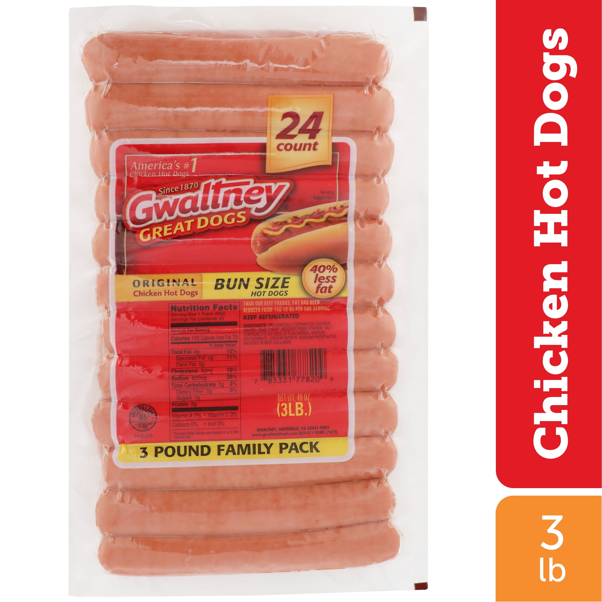 Gwaltney Original Chicken Hot Dogs Bun Size, 24 Count, 3 lb
