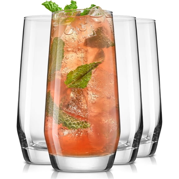 Gwen 18.5 oz Highball Glasses, 4pc Tall Glass Sets. Lead-Free Crystal Drinking Glasses. Water Mojito Cups, Tom Collins Bar Glassware, and Mixed Drink Cocktail Set