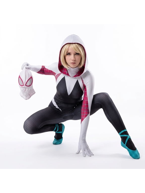 Gwen Cosplay Bodysuit with Mask for Adults, 3D Printed Spandex Superhero Halloween Costume