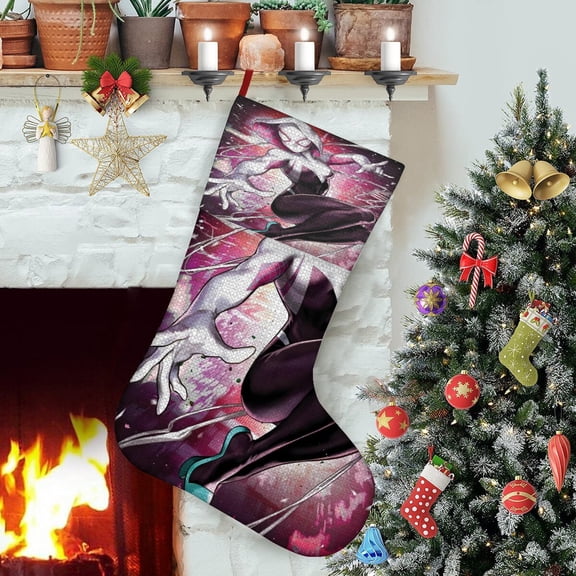 Gwen Spider Woman-theme Christmas StockingsFine white linen for Stairs Fireplace Hanging Xmas Home Decor Christmas gift21.2"X14.9"(54cm38cm)