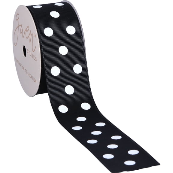 Gwen Studios 1.5" Black with White Dots Grosgrain Ribbon, 3 Yards