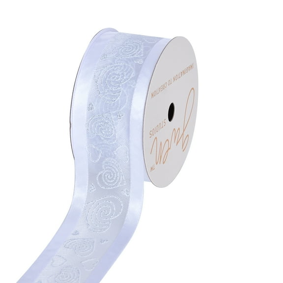 Gwen Studios 1.5" White with Silver Hearts Sheer Ribbon, 3 Yards