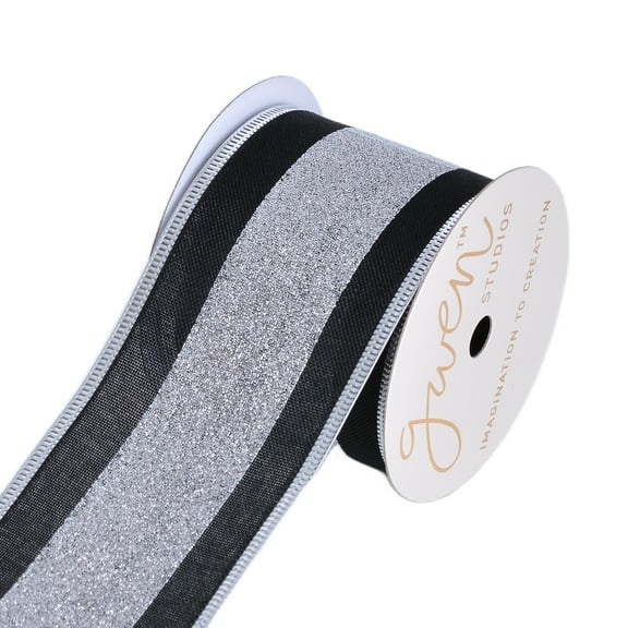 Gwen Studios 2.5" Black Linen with Silver Glitter Wire Edge Ribbon, 3 Yards