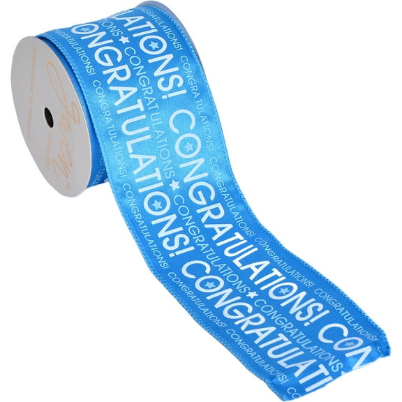 Gwen Studios 2.5" Blue Satin Wire Edge Ribbon with White Congratulations, 3 Yards