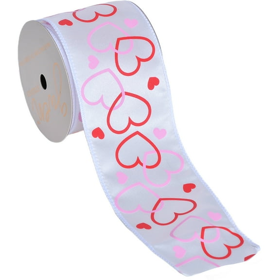 Gwen Studios 2.5" White Satin Wired Edge Ribbon with Red and Pink Hearts, 3 Yards