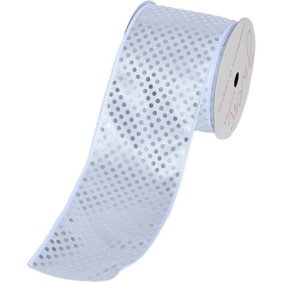 Gwen Studios 2.5" White Satin Wired Edge Ribbon with Silver Metallic Dots, 3 Yards