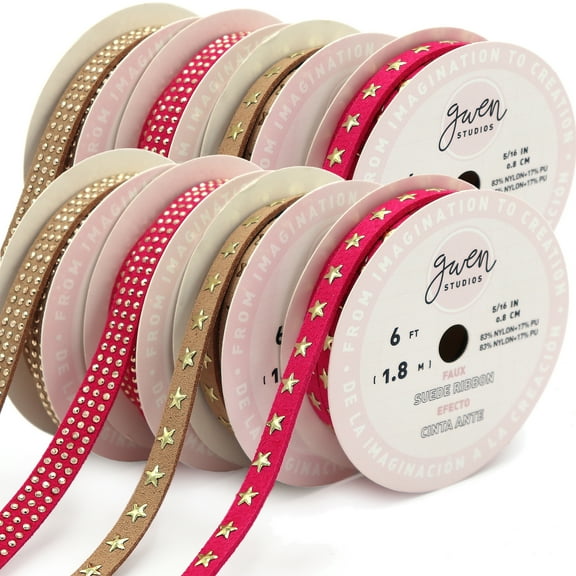 Gwen Studios 3/8" and 5/16" Fuchsia and Tan Studded Faux Leather Trim, 16 Yards