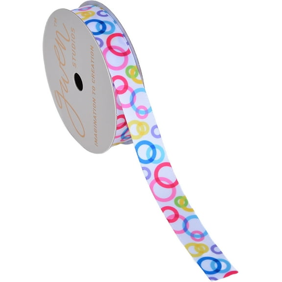Gwen Studios 5/8" White with Bright Circles Satin Ribbon, 3 Yards