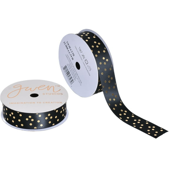 Gwen Studios 7/8" Black with Gold Metallic Dots Satin Ribbon, 3 Yards