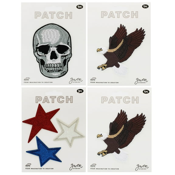 Gwen Studios American Pride Embroidered Iron-on Patch Appliques, 2 Eagles, 1 Skull, 3 Stars