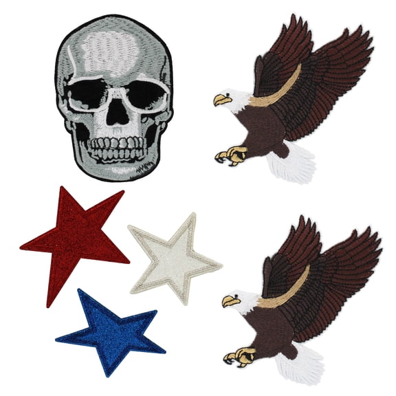 Gwen Studios American Pride Embroidered Iron-on Patch Appliques, 2 Eagles, 1 Skull, 3 Stars
