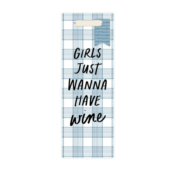 Gwen Studios Blue Plaid 'Girls Wanna Have Fun' Wine Gift Bag with Handle, 5" x 14"