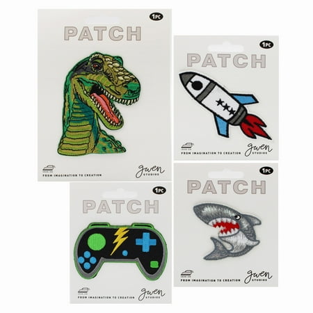 Gwen Studios Boyish Embroidered Iron-on Patch Appliques, Shark, Dino, Rocket Ship, Game Controller