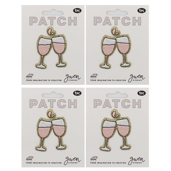 Gwen Studios Champagne Toast Embroidered Iron-on Patch Appliques, Gold and Pink, 1.6" x 2.4", 4CT