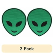 (2 pack) Gwen Studios Embroidered Green Alien Face Iron-on Patch Applique, 3.8" x 3.3"
