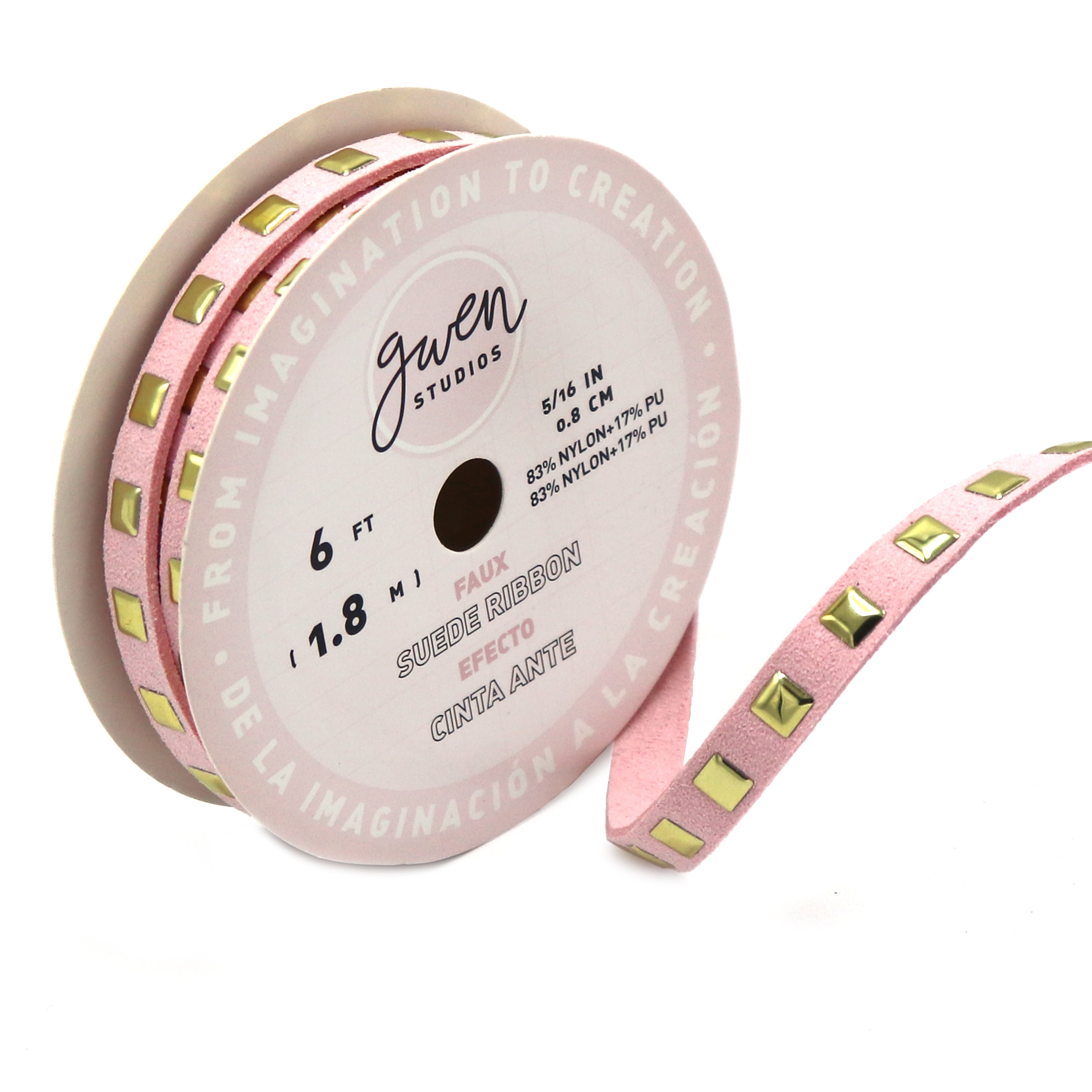 Gwen Studios Pink Faux Leather Metal Studded Trim, Gold Metal Studs, 5/16" x 2 Yards