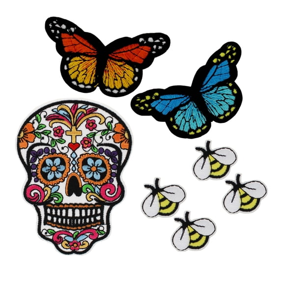 Gwen Studios Tattoo Style Embroidered Iron-on Patch Appliques, 4 Bumble Bees, 1 Sugar Skull, 2 Butterflies