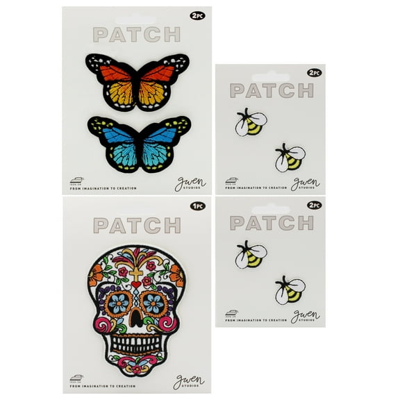 Gwen Studios Tattoo Style Embroidered Iron-on Patch Appliques, 4 Bumble Bees, 1 Sugar Skull, 2 Butterflies