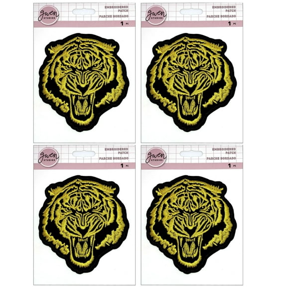 Gwen Studios Tiger Embroidered Iron-on Patch Applique, Gold and Black, 4" x 3.75", 4CT