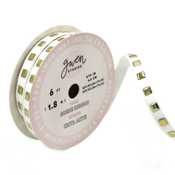 Gwen Studios White Faux Leather Metal Studded Trim, Square Gold Studs, 5/16" x 2 Yards