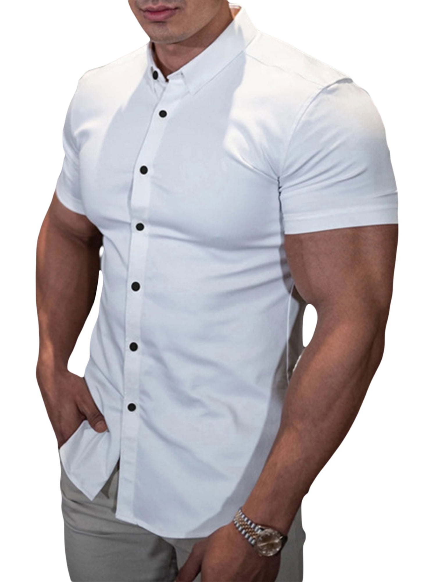 Gwiyeopda Casual Men's Muscle Fit Dress Shirts Short Sleeve Athletic