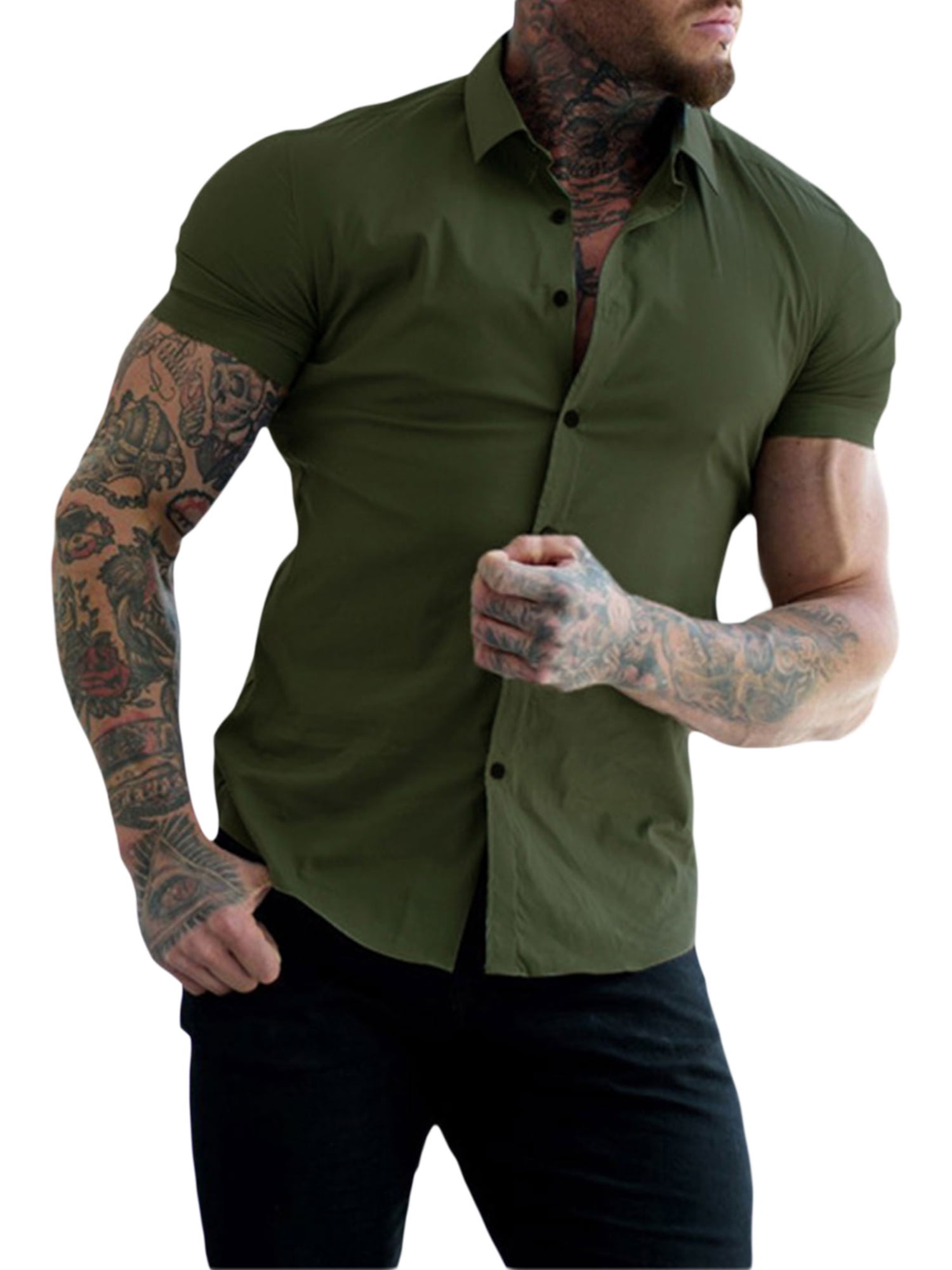 Gwiyeopda Casual Men's Muscle Fit Dress Shirts Short Sleeve Athletic