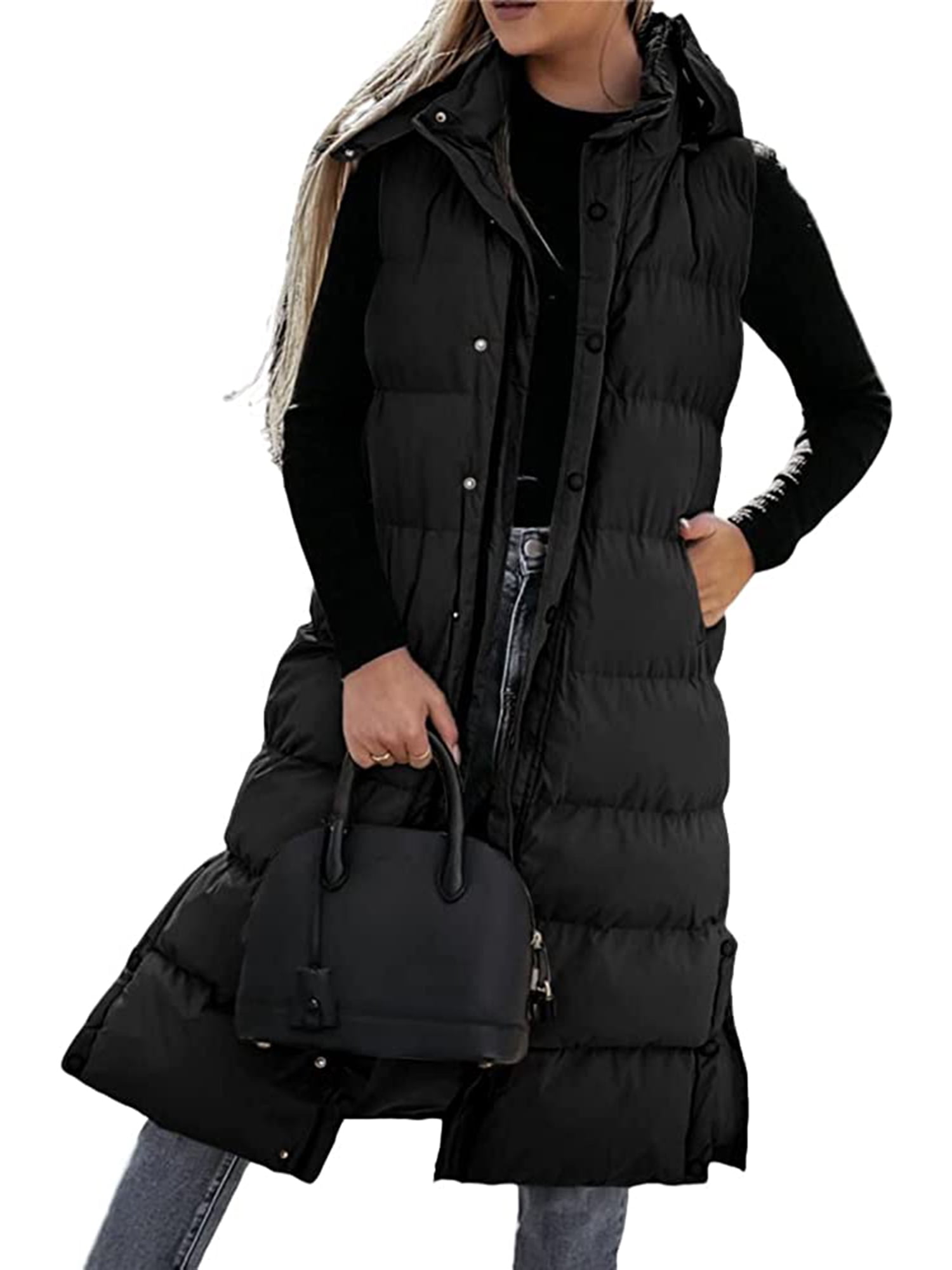 Gwiyeopda Long Puffer Vest Women Hooded Warm Full-Zip Padded Winter ...