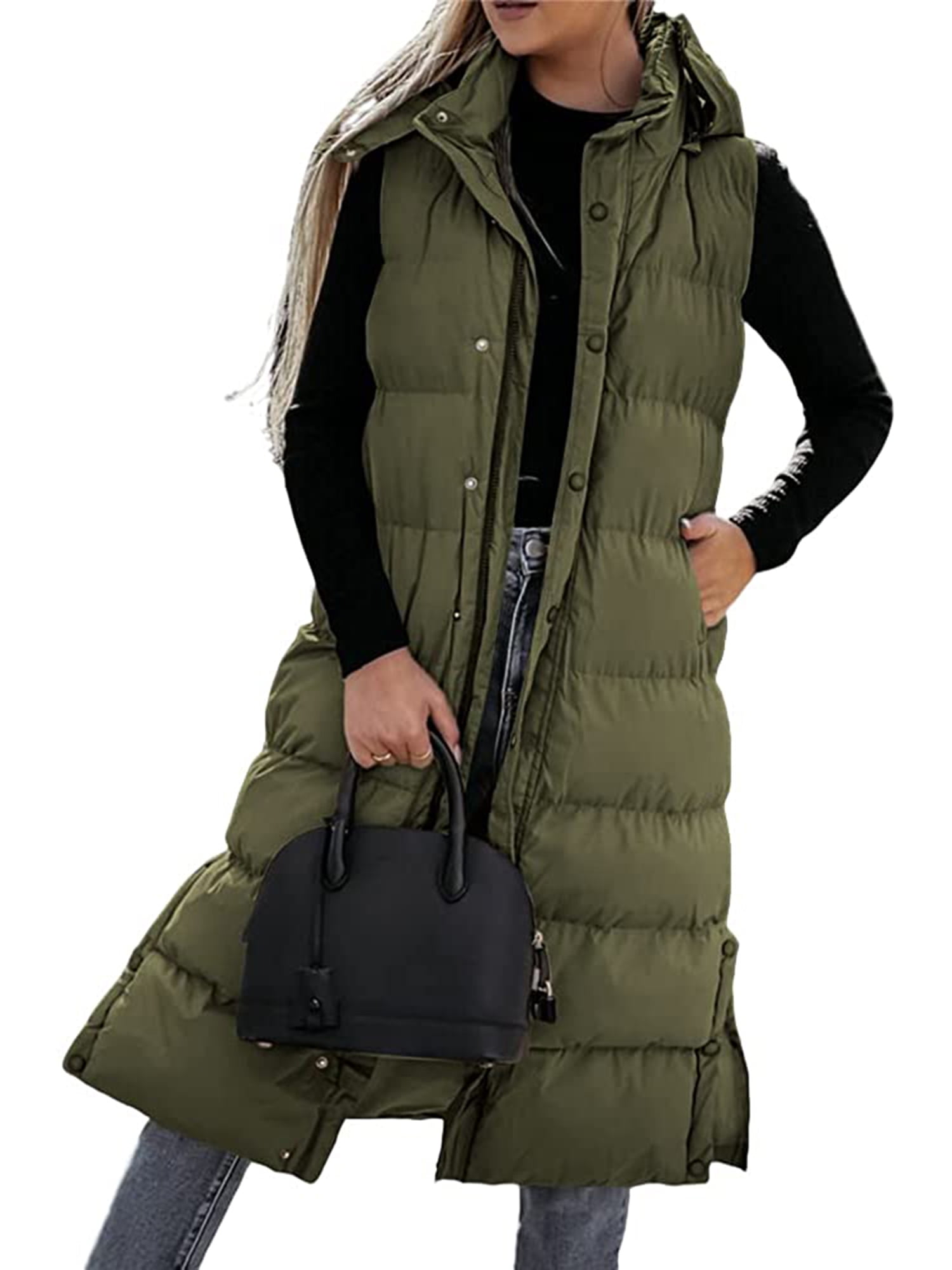 Gwiyeopda Long Puffer Vest Women Hooded Warm FullZip Padded Winter
