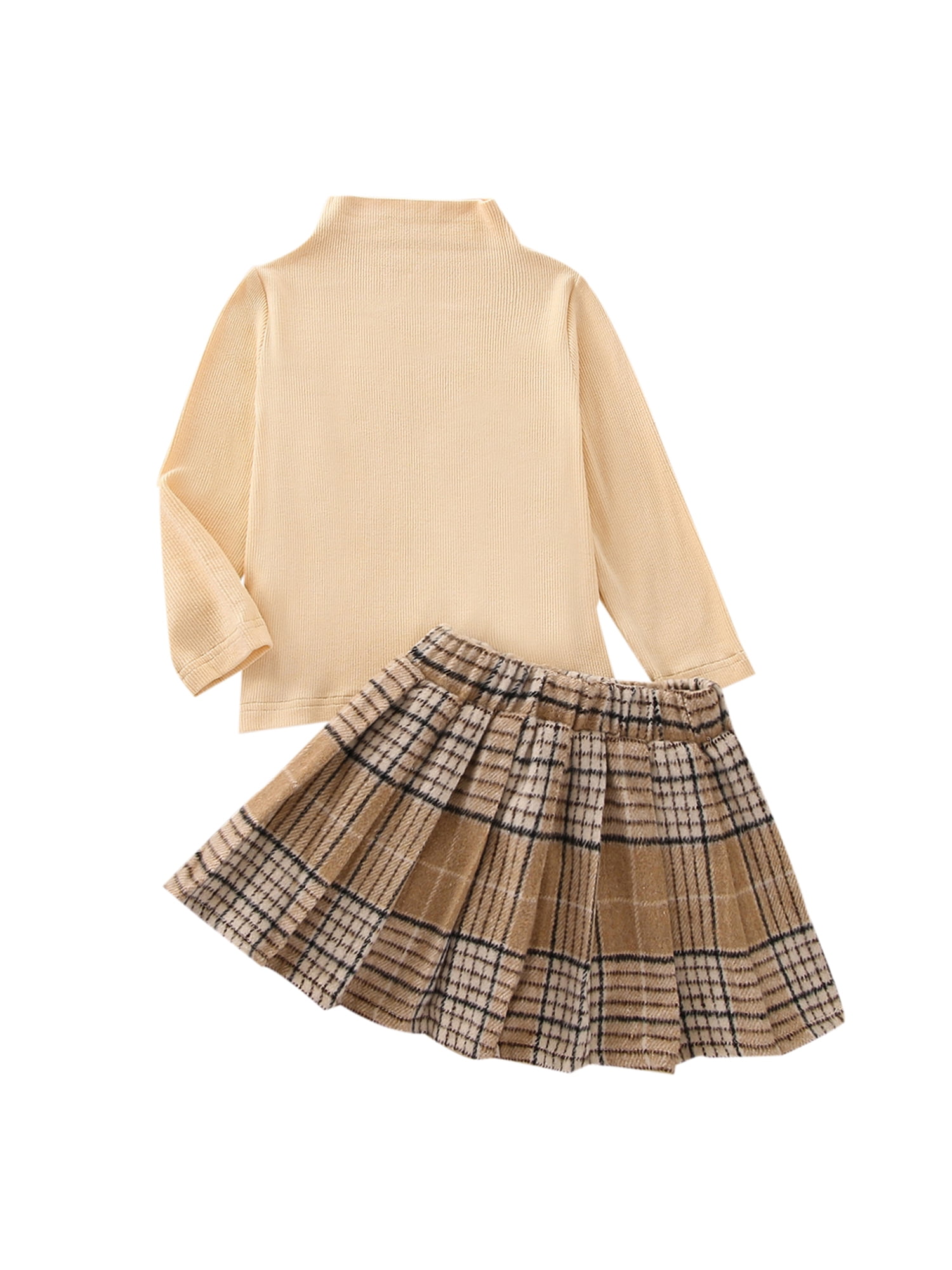 Gwiyeopda Toddler Girls Outfits Turtleneck Long Sleeve Knitted Tops + Preppy  Style Plaid Mini Pleated Skirt Cute Set 