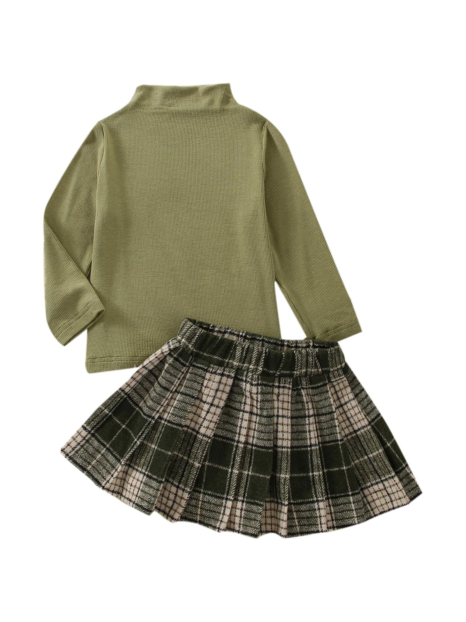 Gwiyeopda Toddler Girls Outfits Turtleneck Long Sleeve Knitted Tops + Preppy  Style Plaid Mini Pleated Skirt Cute Set 